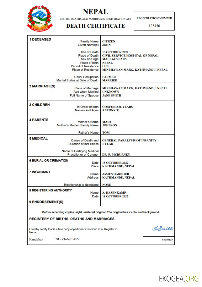 Modèle Word et PDF de certificat de décès de l'état civil du Népal